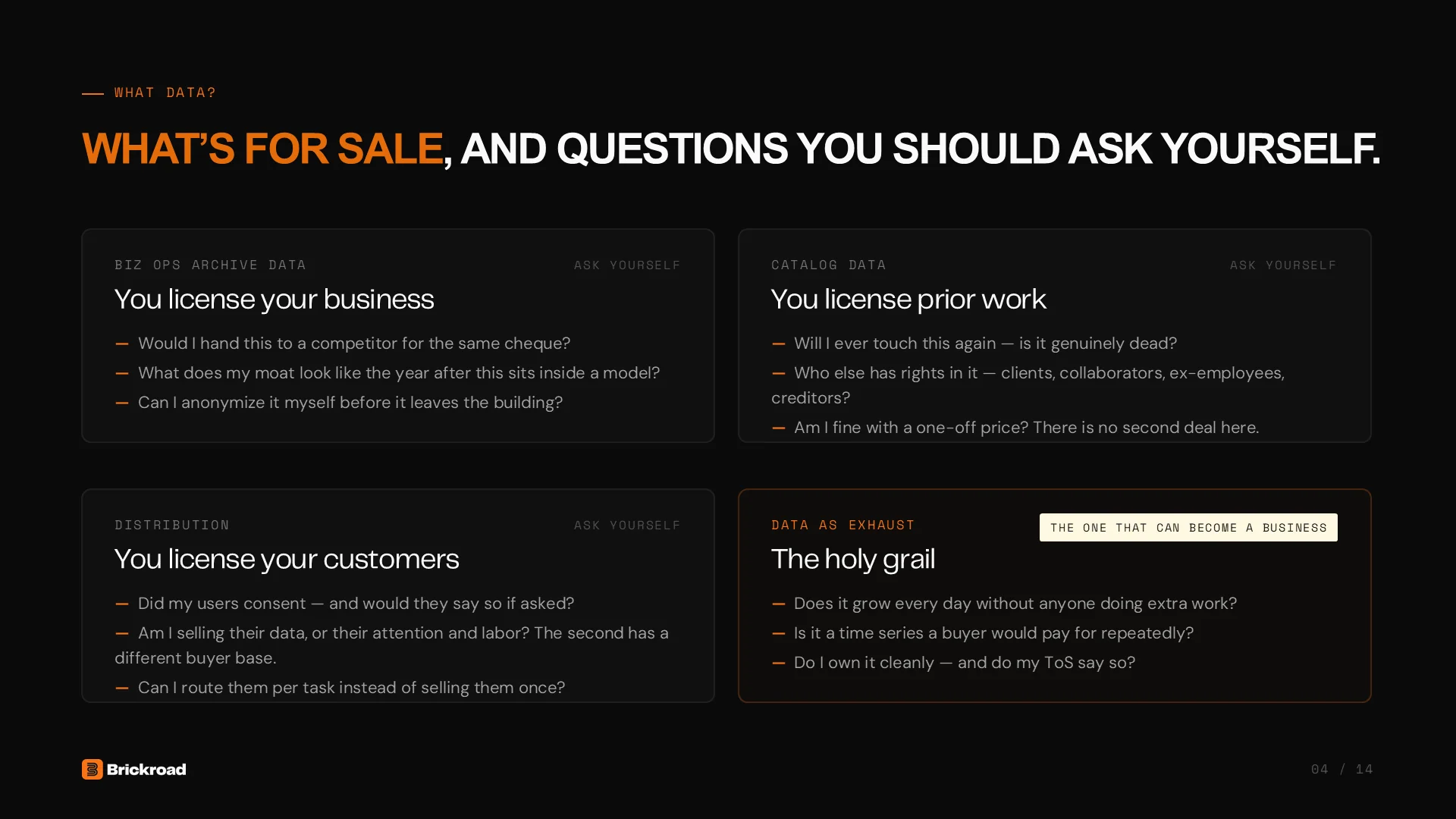 Slide 4: What data? What's for sale, and the questions you should ask yourself.