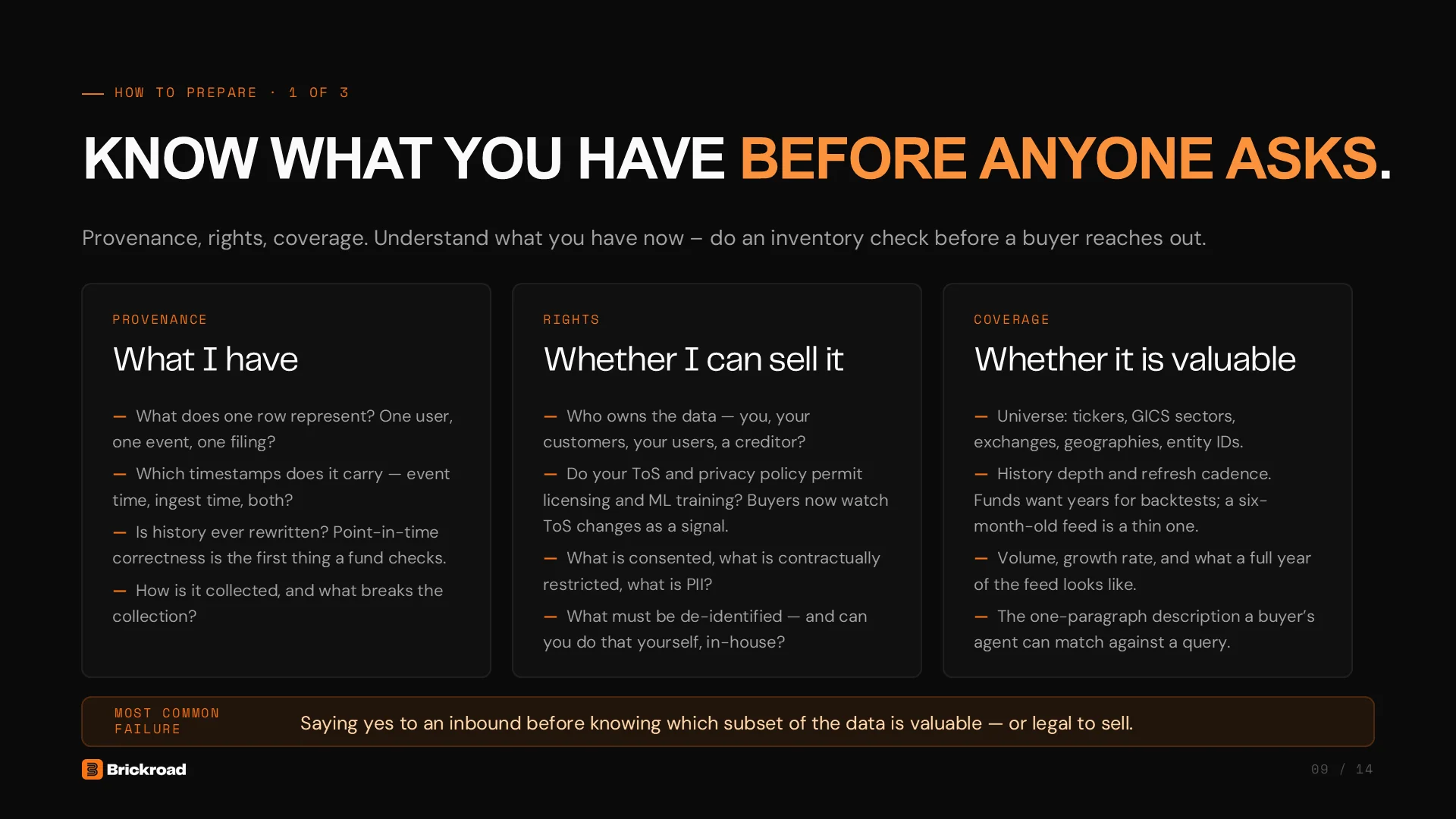 Slide 9: How to prepare, 1 of 3: know what you have before anyone asks. Take inventory of provenance (what I have), rights (whether I can sell it) and coverage (whether it is valuable). The most common failure is saying yes to an inbound before knowing which subset of the data is valuable or legal to sell.