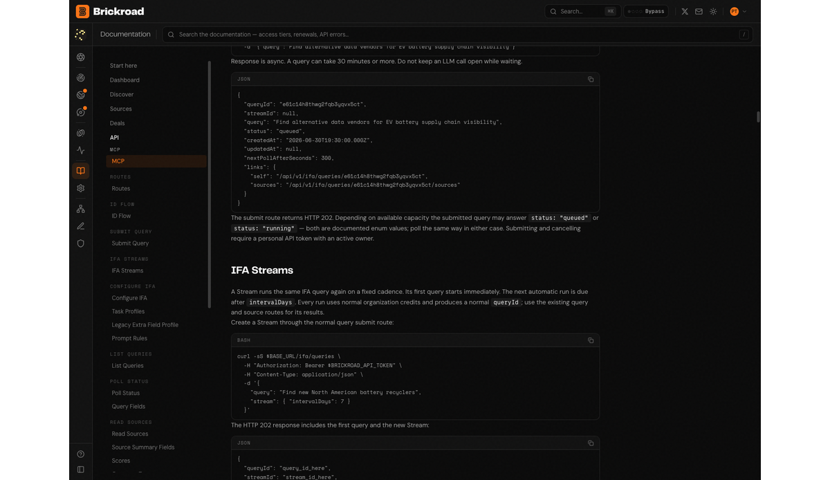 Brickroad API documentation for Streams