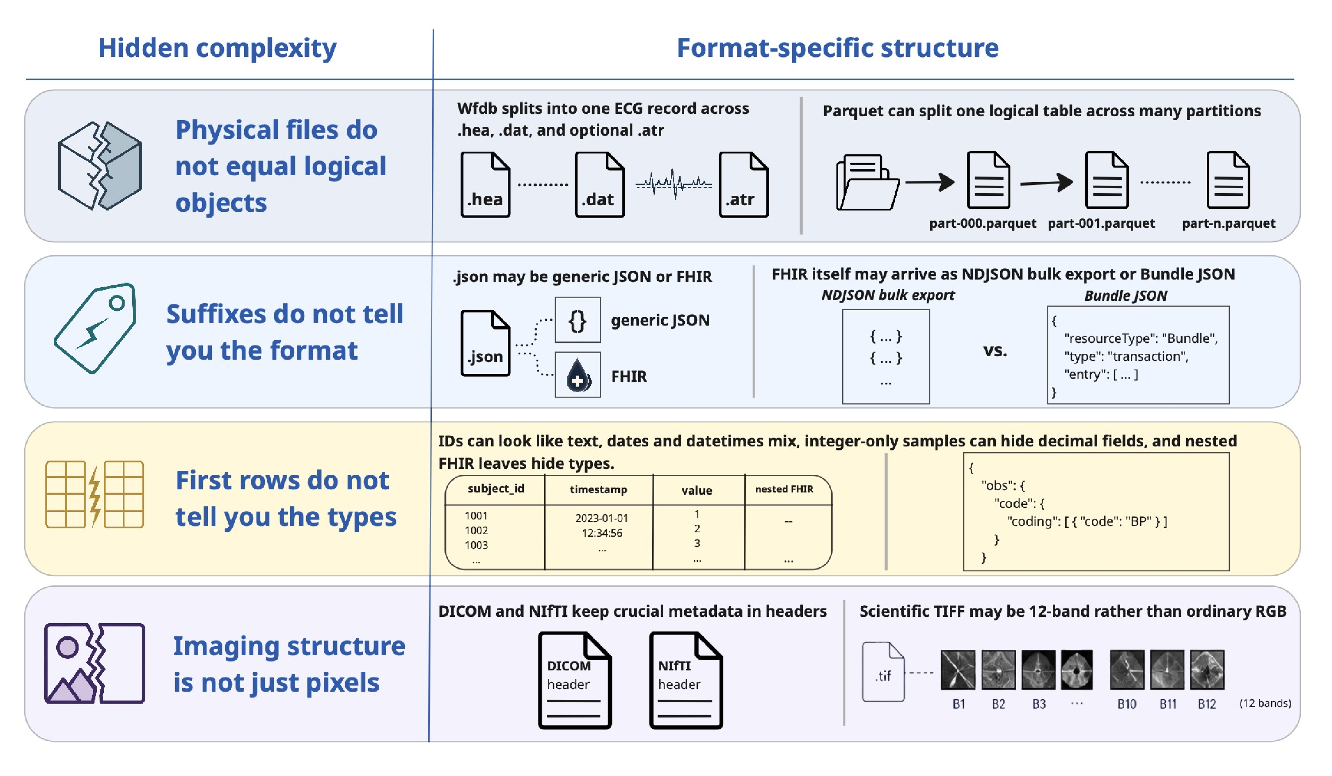 The diversity of format-specific operations required to recover valid dataset structure — the "recovery layer" that generic file walkers miss.