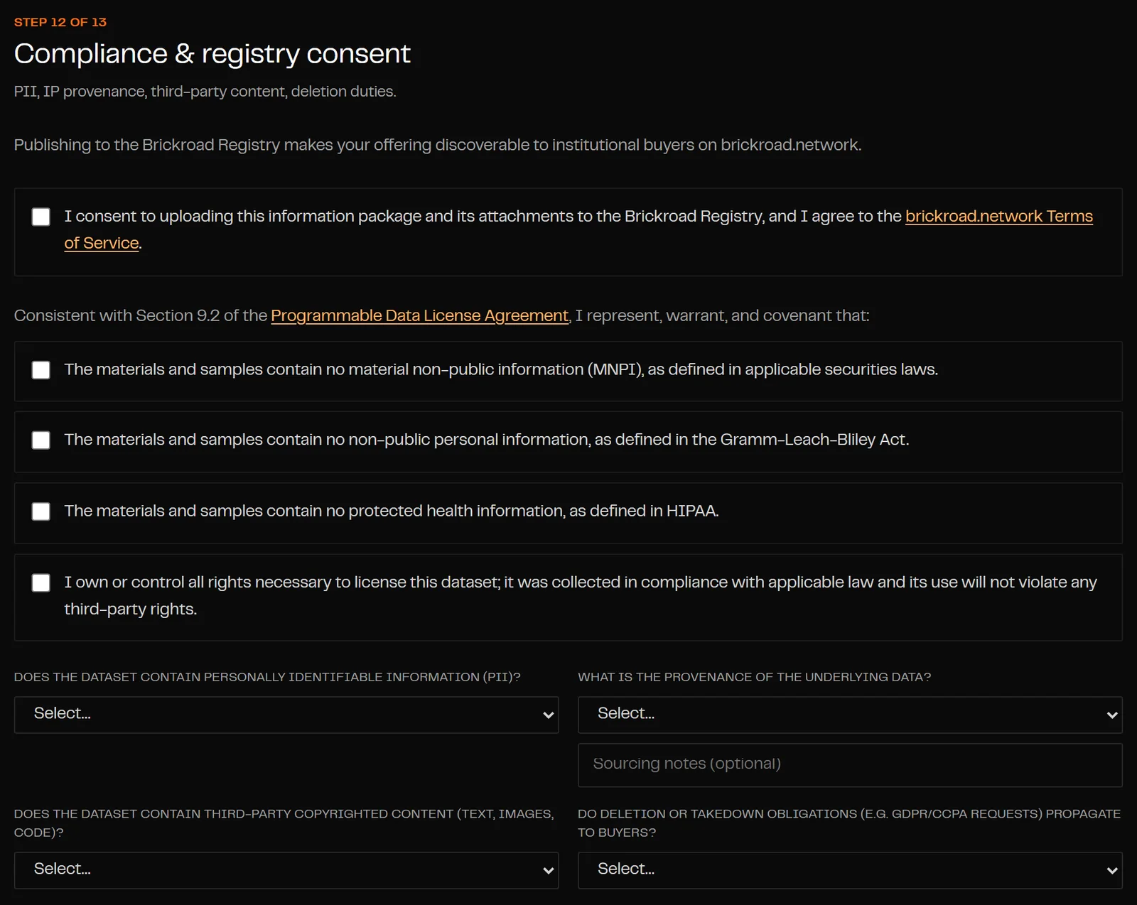 The Compliance and registry consent step of the supplier checklist: representations about material non-public information, personal and health information, and rights, plus questions on PII, provenance, third-party content, and deletion obligations.