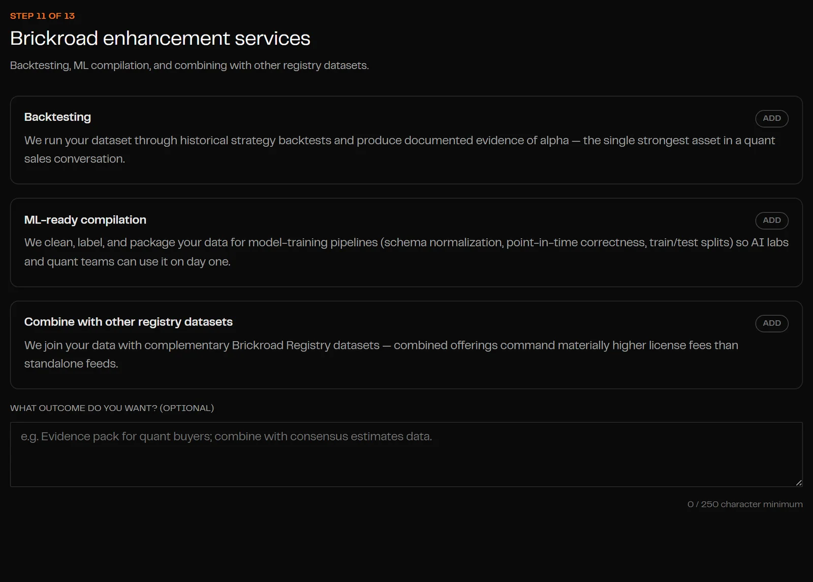 The Brickroad enhancement services step of the supplier checklist, offering backtesting, ML-ready compilation, and combination with other registry datasets.