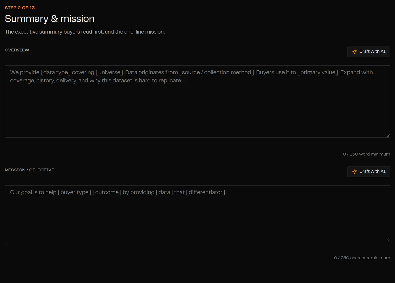 The Summary and mission step of the supplier checklist, with the executive summary template as placeholder text and a one-line mission statement below it.
