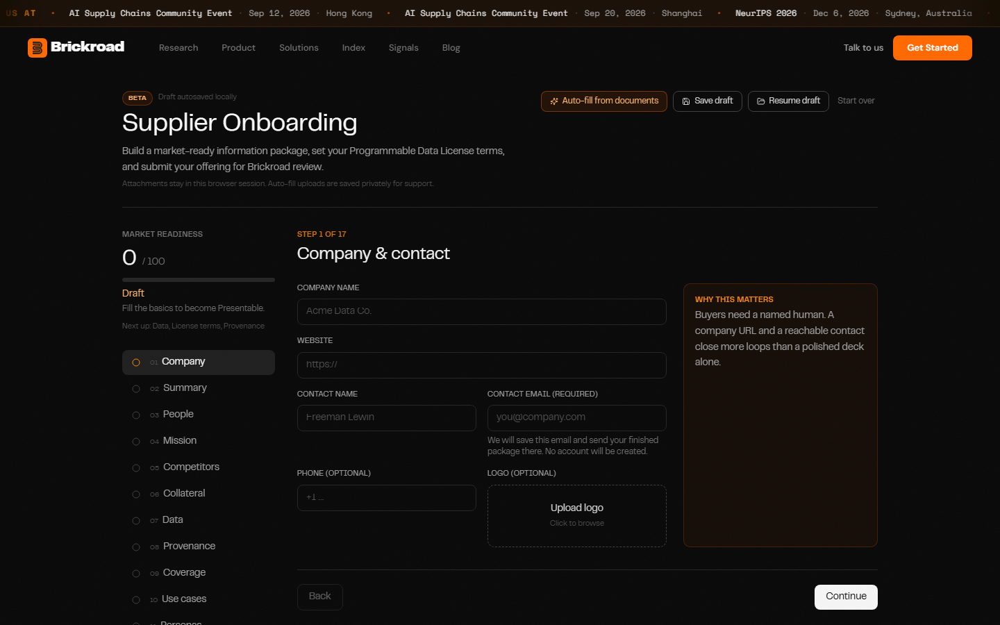 Supplier onboarding — the information-package checklist from first contact to Market Ready