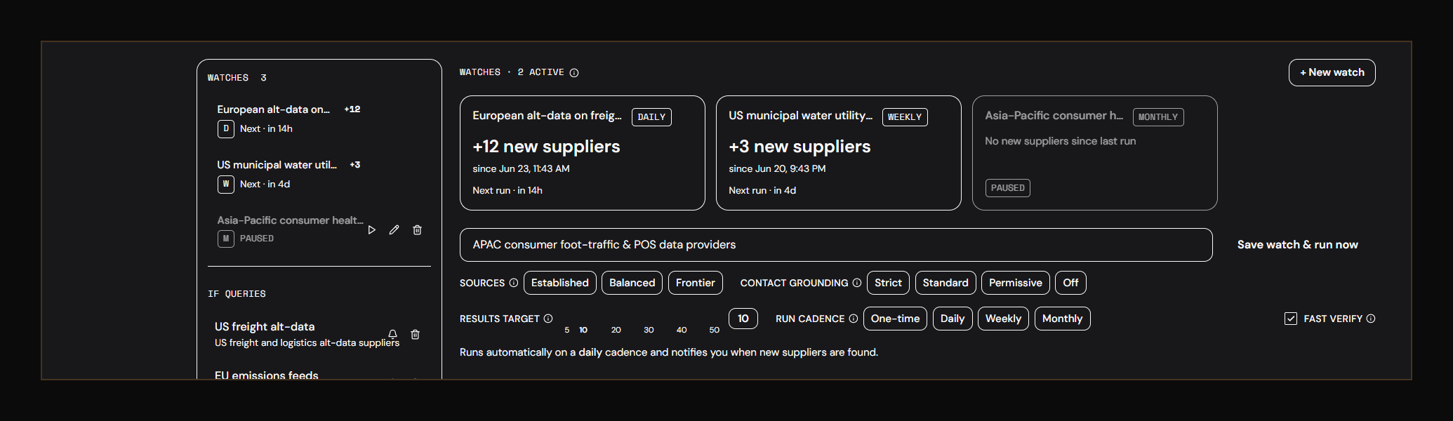 A continuous feed of newly discovered data suppliers arriving in a Source Stream