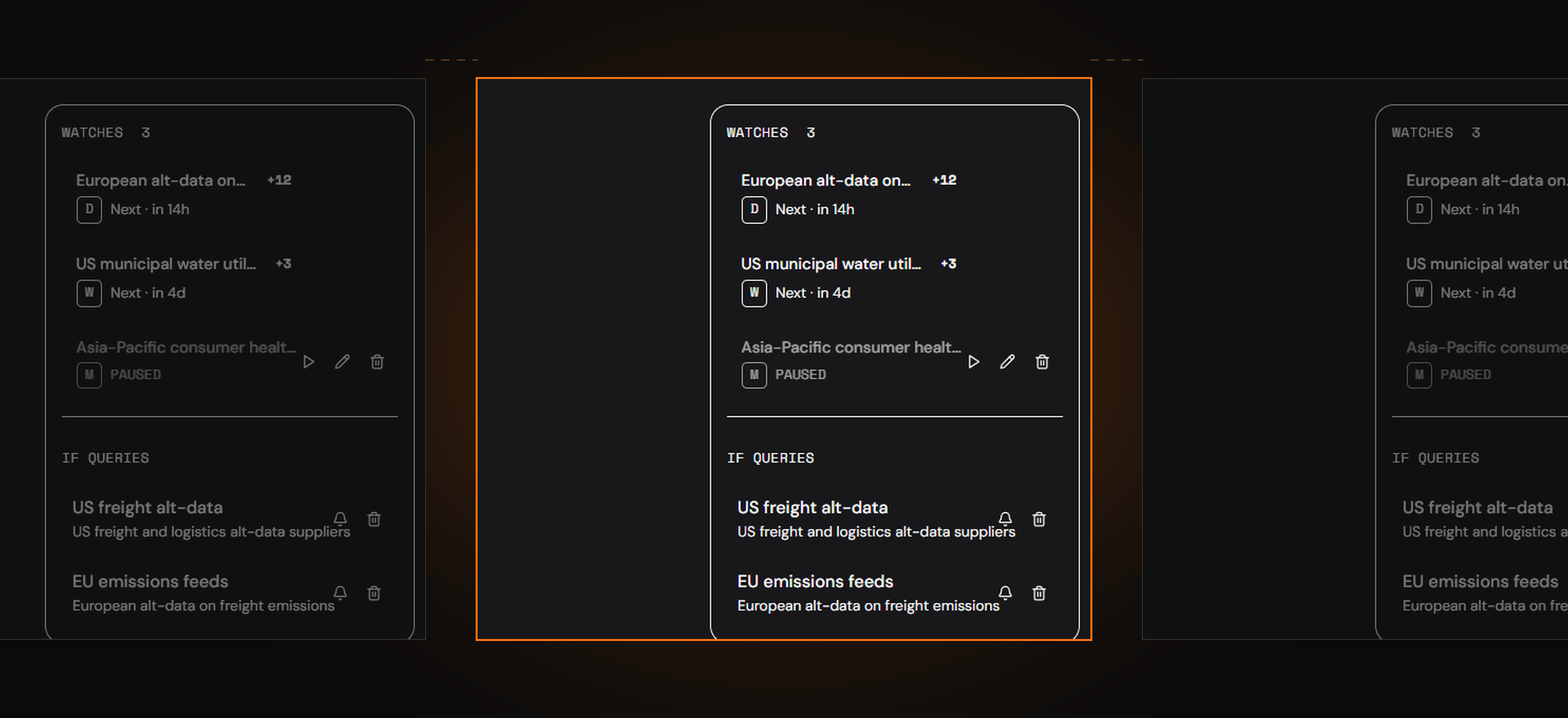 Three workspaces, each with its own pod of queries and streams, lightly connected